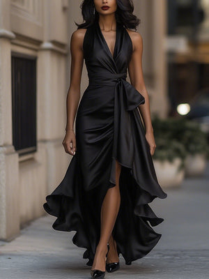 Women’s Satin Halter Maxi Dress with Cascading Ruffle Hem