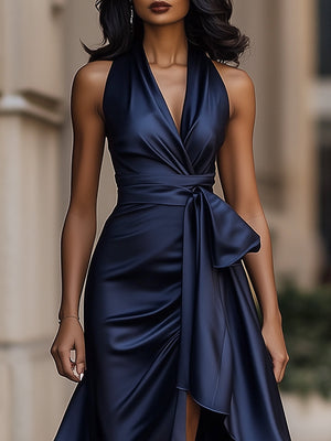 Women’s Satin Halter Maxi Dress with Cascading Ruffle Hem