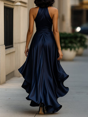 Women’s Satin Halter Maxi Dress with Cascading Ruffle Hem