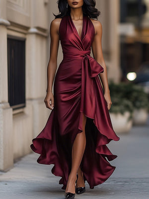 Women’s Satin Halter Maxi Dress with Cascading Ruffle Hem