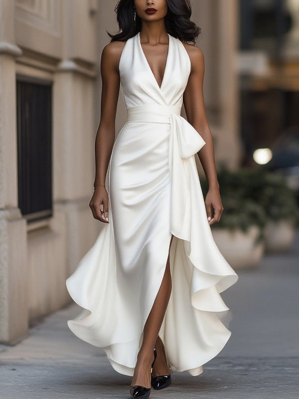 Women’s Satin Halter Maxi Dress with Cascading Ruffle Hem