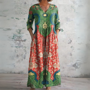 Women's Vintage Bohemian Floral Print Maxi Dress with V-Neck and Artistic Pattern
