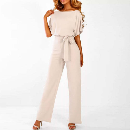 Belted Wide Leg Short Sleeve Women's Jumpsuit