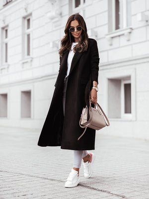 Women's Long Belted Wrap Coat with Lapel Collar