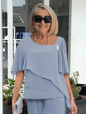 Conjunto Coordinado de Blusa Tunica en Capas y Pantalones de Pierna Ancha para Mujer