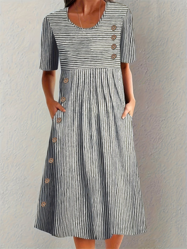 Women’s Striped Button-Detail Midi Dress
