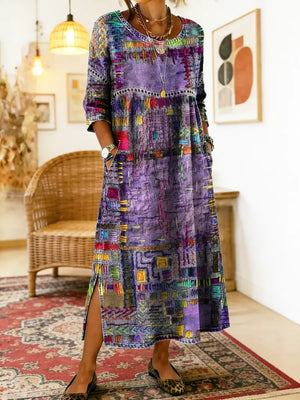 Women's Midi Dress with Artistic Print and Side Slit