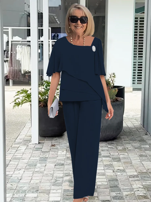 Conjunto Coordinado de Blusa Tunica en Capas y Pantalones de Pierna Ancha para Mujer