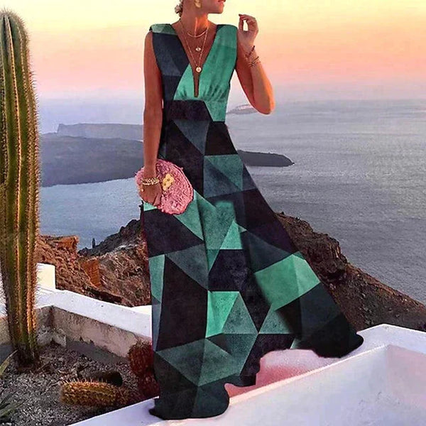 Women's Floral Printed Sleeveless V-Neck Maxi Dress