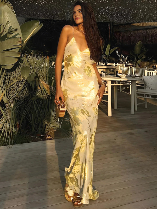 Vestido largo de satén para mujer con estampado floral