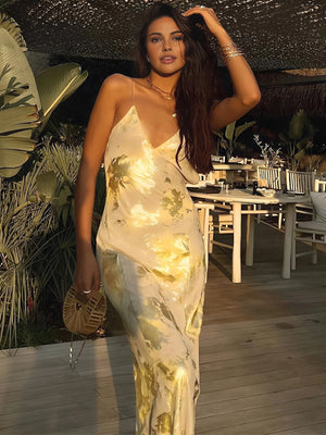 Vestido largo de satén para mujer con estampado floral