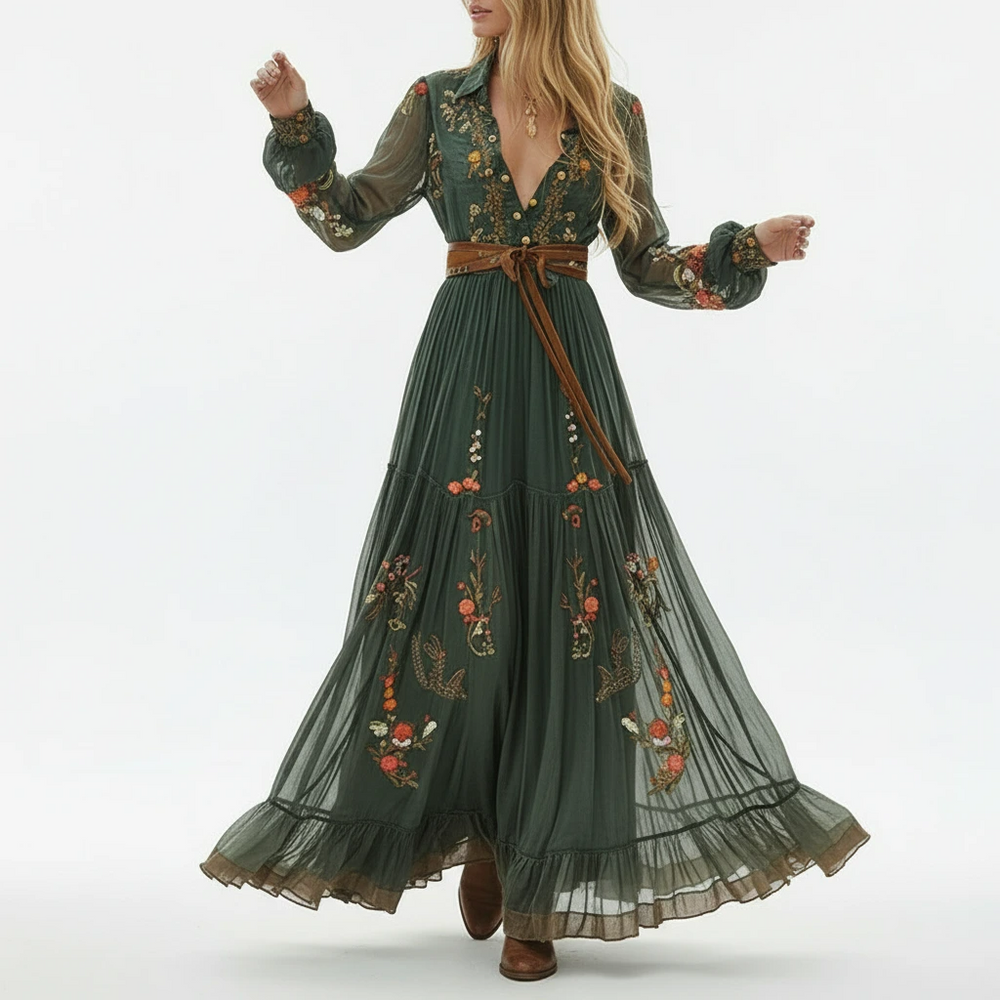 Women’s Floral Maxi Dress with Deep V Neck and Flowy Boho Inspired Silhouette