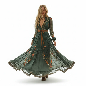 Women’s Floral Maxi Dress with Deep V Neck and Flowy Boho Inspired Silhouette