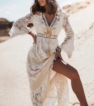Women's Bohemian Lace Maxi Dress with V-Neck