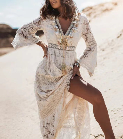 Women's Bohemian Lace Maxi Dress with V-Neck
