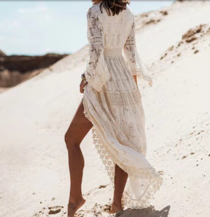 Women's Bohemian Lace Maxi Dress with V-Neck