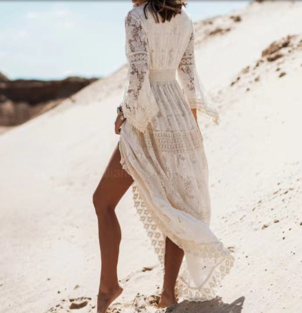 Women's Bohemian Lace Maxi Dress with V-Neck