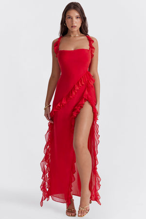 Elegant Women's Melantha Dress – Adjustable Straps – Ruffle Detail – High Slit