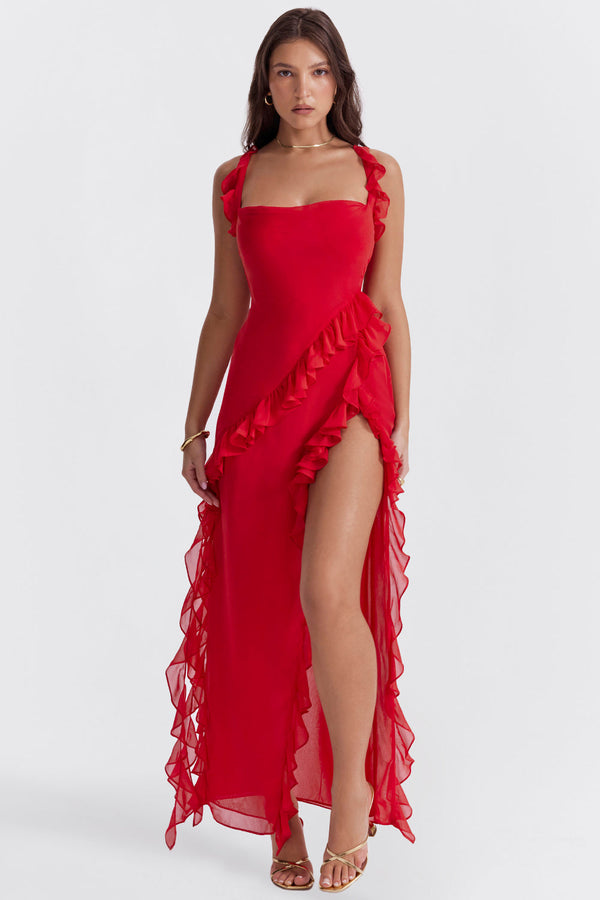 Elegant Women's Melantha Dress – Adjustable Straps – Ruffle Detail – High Slit