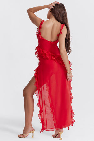 Elegant Women's Melantha Dress – Adjustable Straps – Ruffle Detail – High Slit