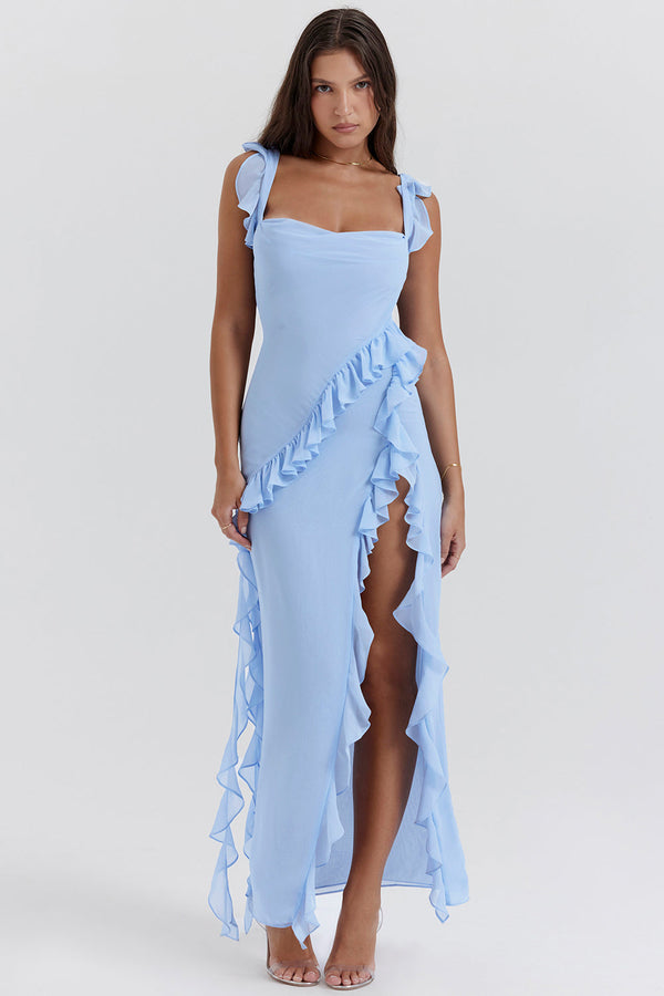 Elegant Women's Melantha Dress – Adjustable Straps – Ruffle Detail – High Slit