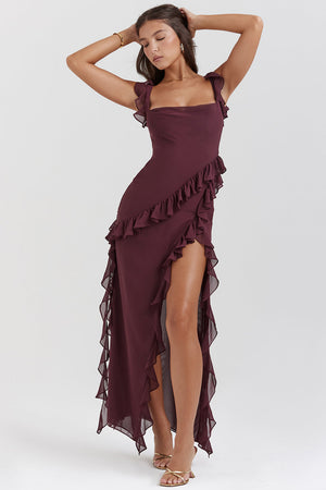 Elegant Women's Melantha Dress – Adjustable Straps – Ruffle Detail – High Slit
