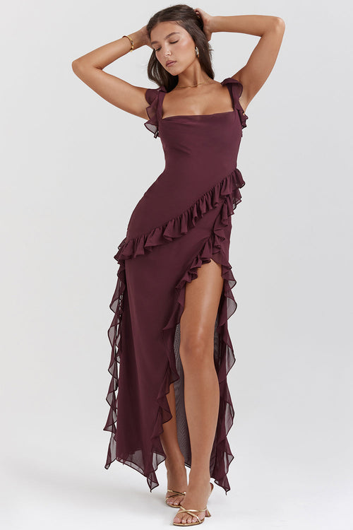 Elegant Women's Melantha Dress – Adjustable Straps – Ruffle Detail – High Slit