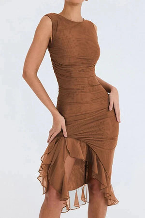Women’s Sleeveless Ruched Midi Dress with Asymmetrical Hem and Ruffle Trim Detail