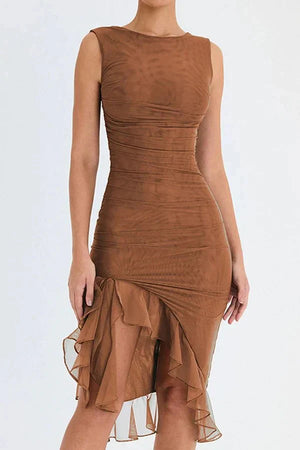 Women’s Sleeveless Ruched Midi Dress with Asymmetrical Hem and Ruffle Trim Detail