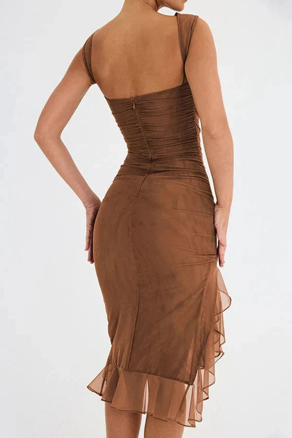 Women’s Sleeveless Ruched Midi Dress with Asymmetrical Hem and Ruffle Trim Detail