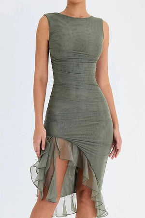 Women’s Sleeveless Ruched Midi Dress with Asymmetrical Hem and Ruffle Trim Detail