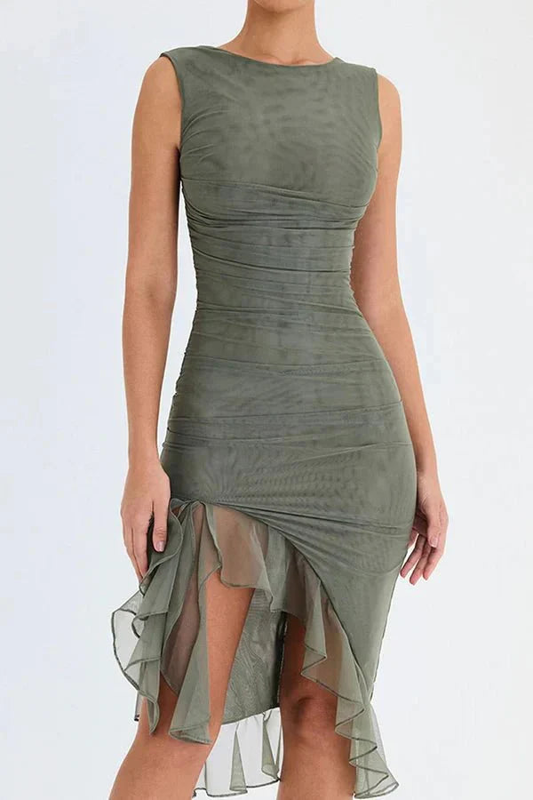 Women’s Sleeveless Ruched Midi Dress with Asymmetrical Hem and Ruffle Trim Detail