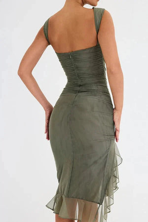Women’s Sleeveless Ruched Midi Dress with Asymmetrical Hem and Ruffle Trim Detail