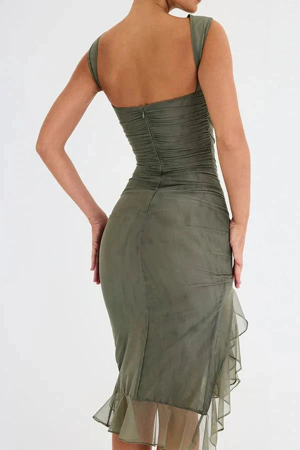 Women’s Sleeveless Ruched Midi Dress with Asymmetrical Hem and Ruffle Trim Detail