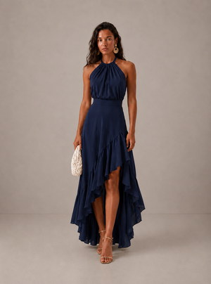 Women's Halter Midi Dress with Asymmetric Ruffle Hem