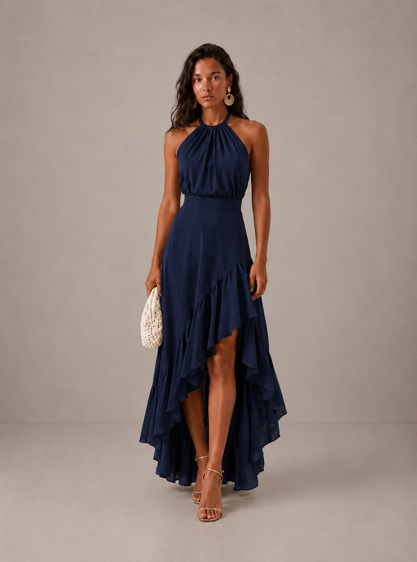 Women's Halter Midi Dress with Asymmetric Ruffle Hem