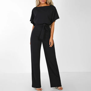 Belted Wide Leg Short Sleeve Women's Jumpsuit