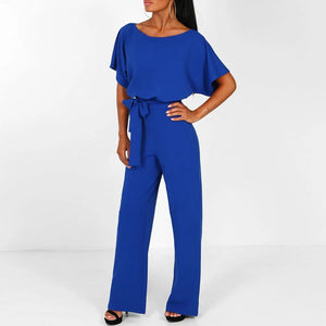 Belted Wide Leg Short Sleeve Women's Jumpsuit