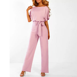 Belted Wide Leg Short Sleeve Women's Jumpsuit
