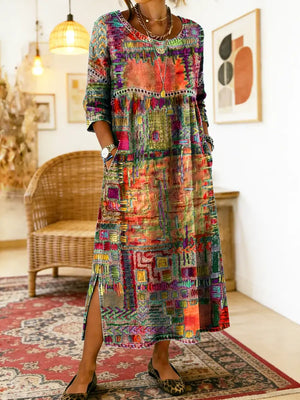 Women's Midi Dress with Artistic Print and Side Slit