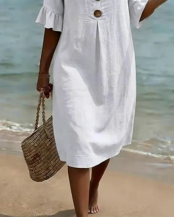 Women's Short Casual Midi Dress with Ruffled Sleeves