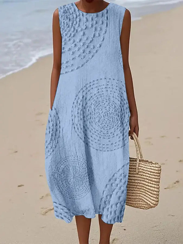 Women's Sleeveless Textured Midi Dress with Artistic Design