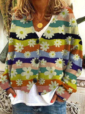 Women's Floral Color Block V-Neck Knit Sweater