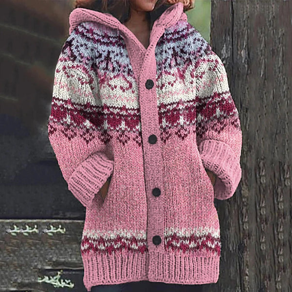 Women's Nordic Fair Isle Hooded Knit Cardigan