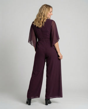 Women's Elegant Draped Neck Jumpsuit with Chiffon Cape Sleeves