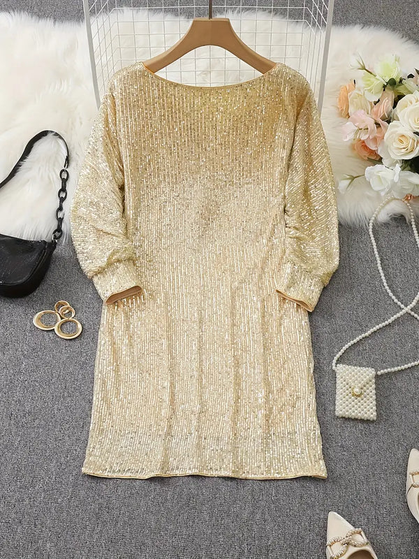 Women’s Off-Shoulder Sequin Mini Dress with Batwing Sleeves