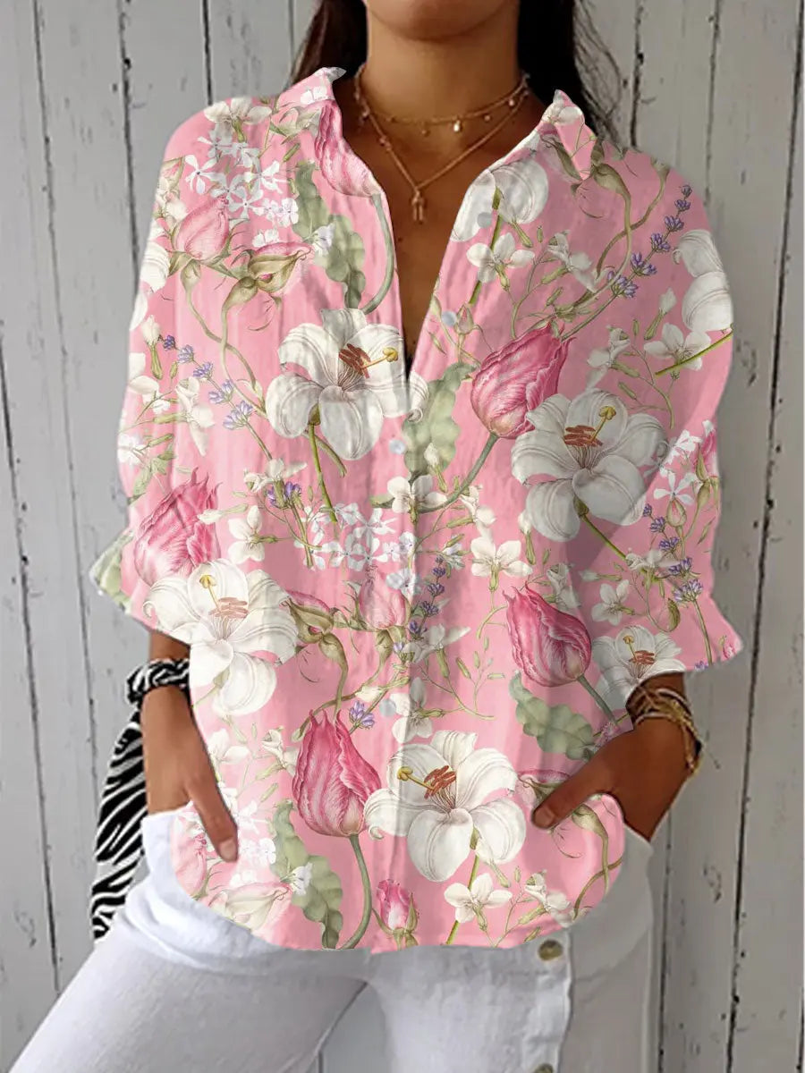 Women's Floral Print V-Neck Blouse with Relaxed 3/4 Sleeves