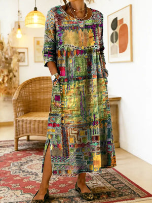Women's Midi Dress with Artistic Print and Side Slit