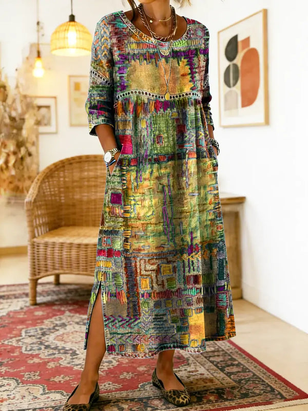 Women's Midi Dress with Artistic Print and Side Slit
