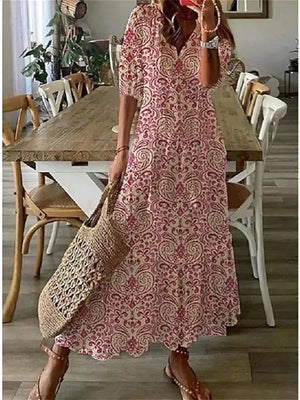 Women's Floral Print Summer Maxi Dress with Short Sleeves